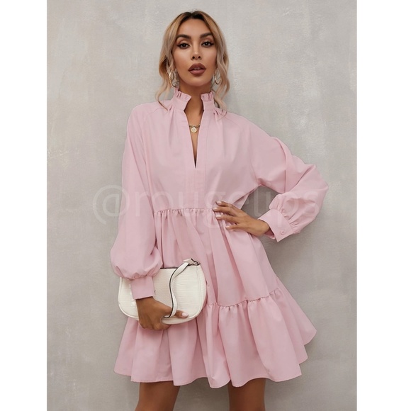 Baby Pink Long Sleeve Loose Fitting Mini Short Dress V-Neck Notch Neck - Picture 6 of 8